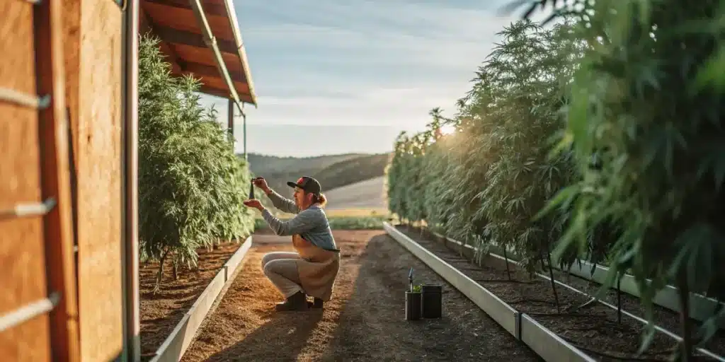cannabis farmer inspecting tall plants in outdoor greenhouse at sunset