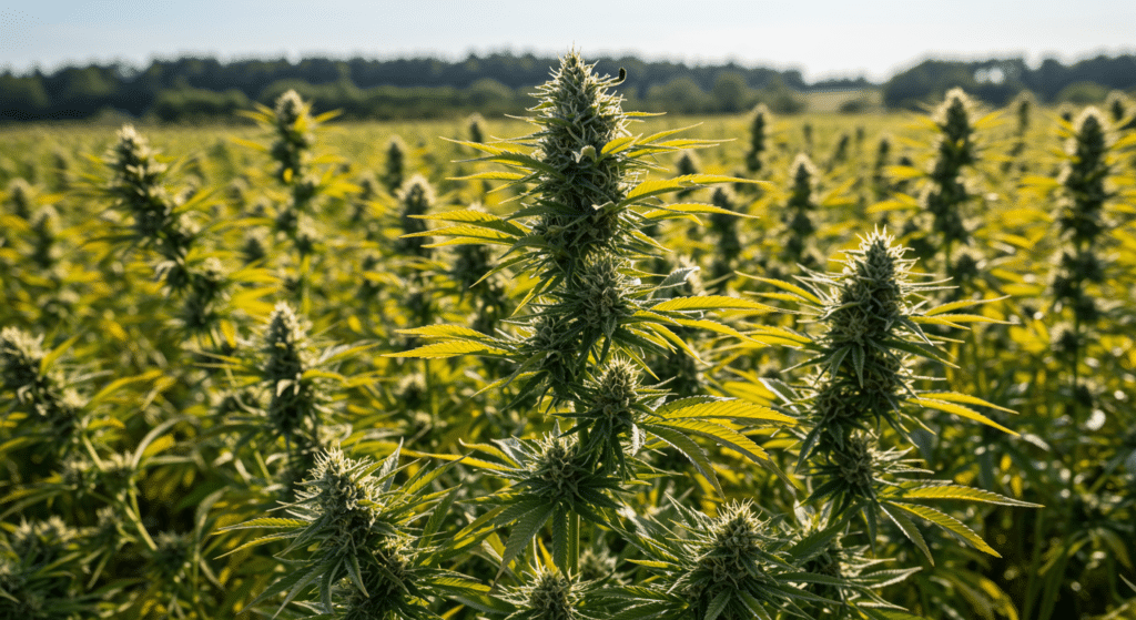 Outdoor cannabis field with flowering plants growing under natural sunlight