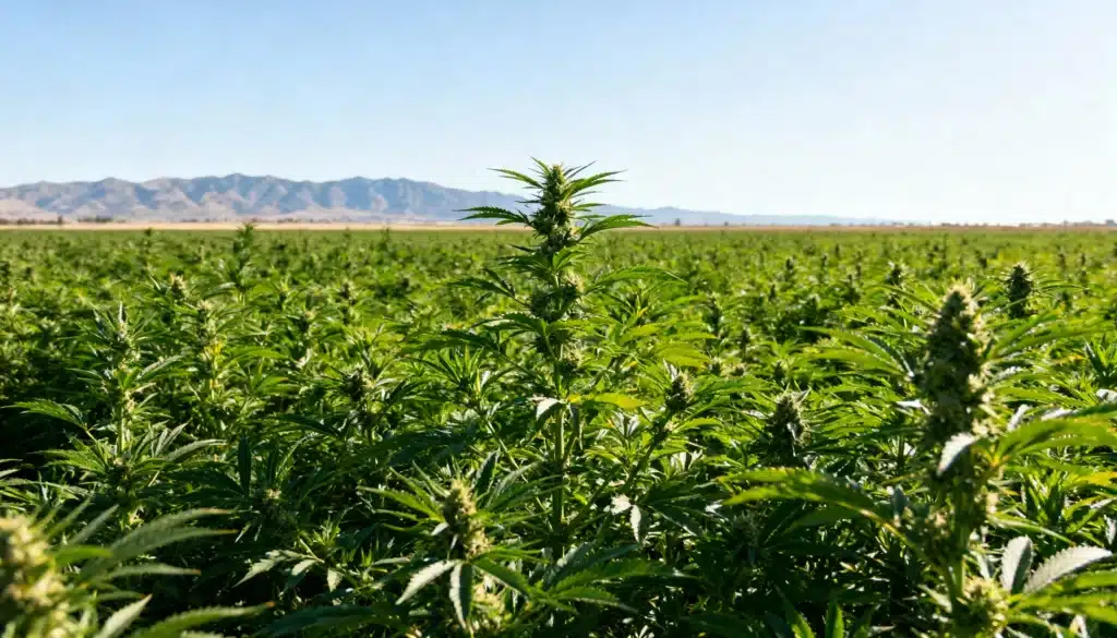 Outdoor-cannabis-field-mountain-landscape-flowering with dense plants and mountain backdrop.