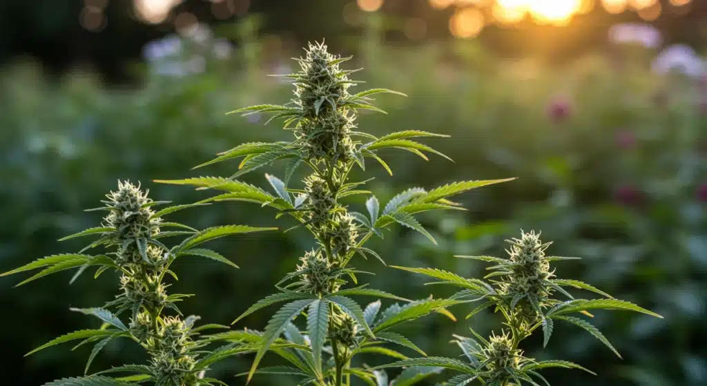 Outdoor-cannabis-flowering-plant-sunset showing dense buds and vibrant green leaves at golden hour.