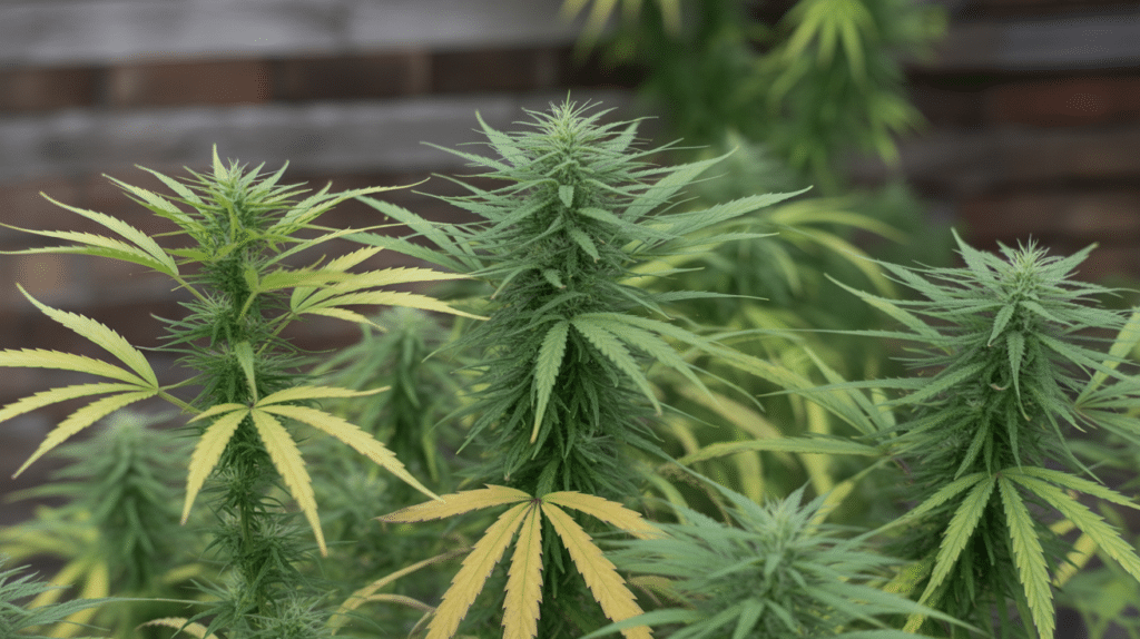 Outdoor cannabis flowering plants with mature buds and yellow-green leaves approaching harvest