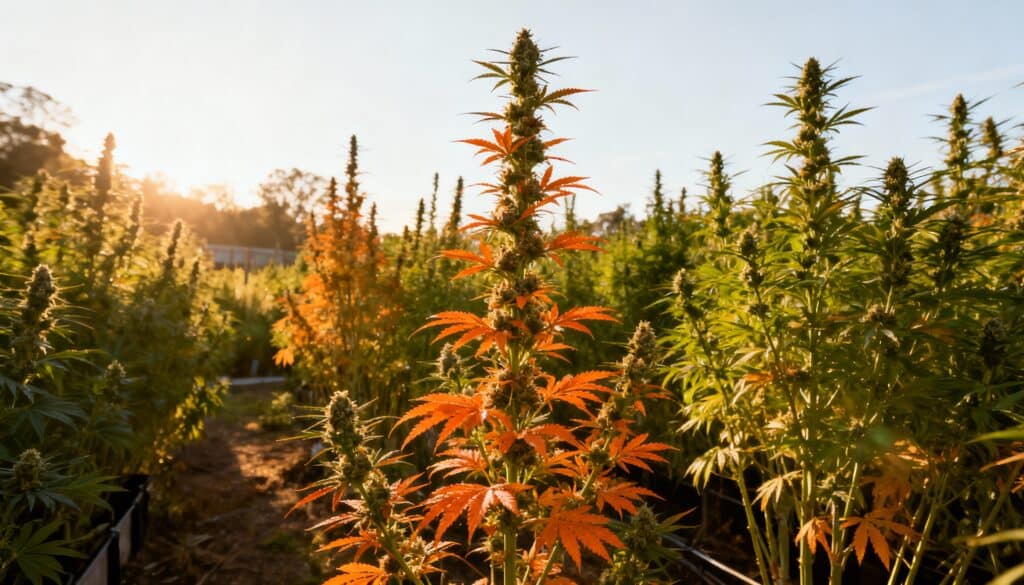 Outdoor-cannabis-plant-autumn-colors-flowering-stage with orange leaves in sunlight.