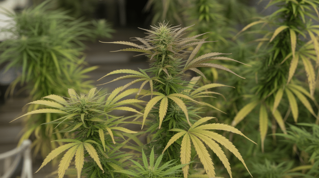 Outdoor cannabis plant flowering field with tall structure, green leaves, and developing buds