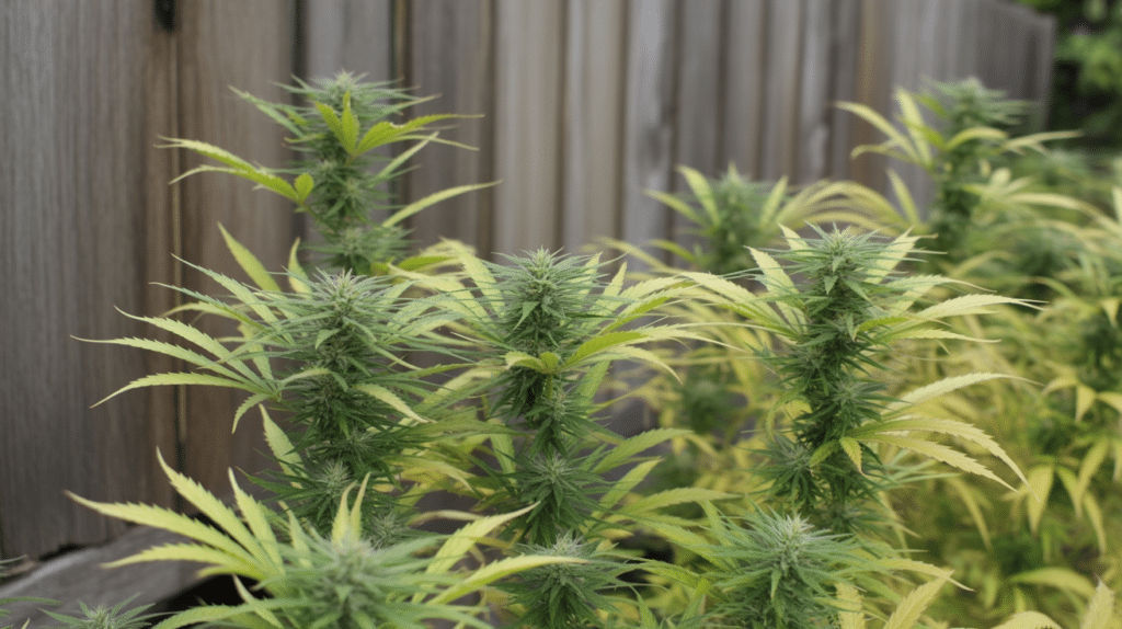 Outdoor cannabis plants flowering with yellowing leaves near wooden fence in natural environment