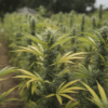 Outdoor cannabis plants flowering with yellowing leaves during late growth stage