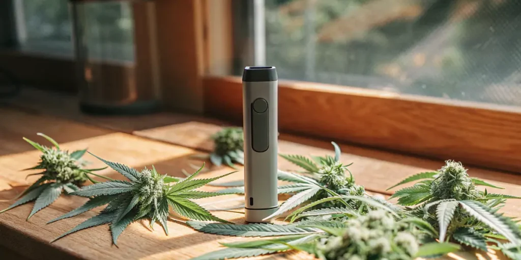 portable cannabis vaporizer next to fresh cannabis buds and leaves