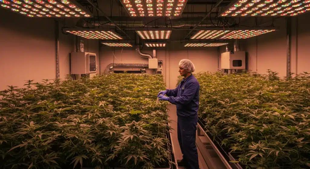 Professional-cannabis-cultivation-facility-led-lights-technician checking plants.