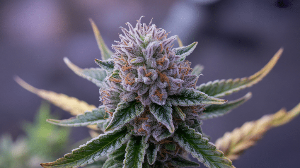 Purple cannabis bud close-up with frosty trichomes and orange pistils against dark background