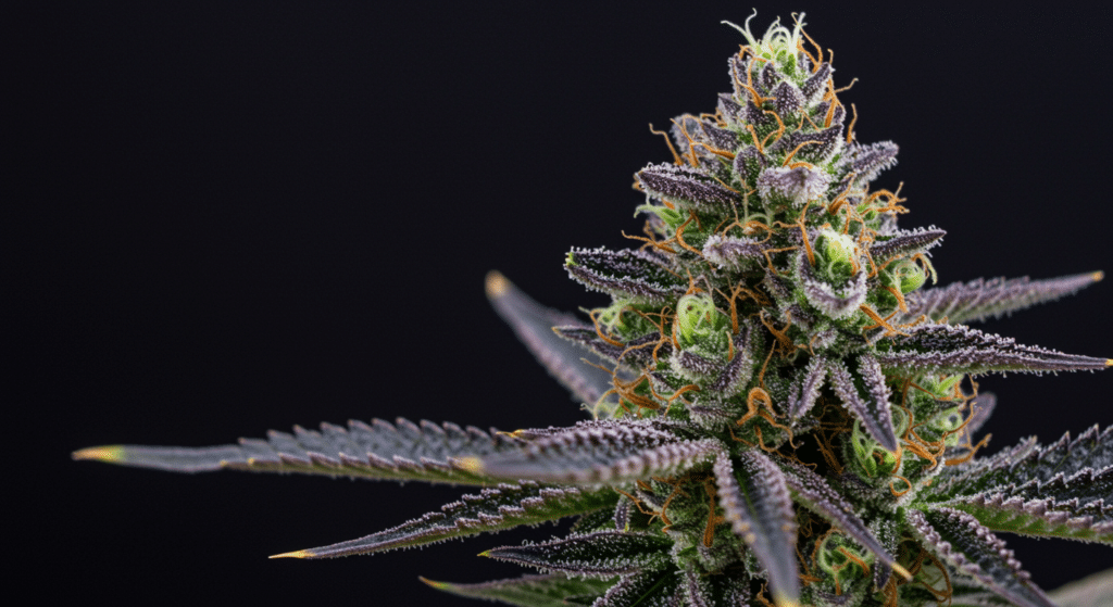 Purple cannabis flower close-up with dense trichomes and orange pistils on black background