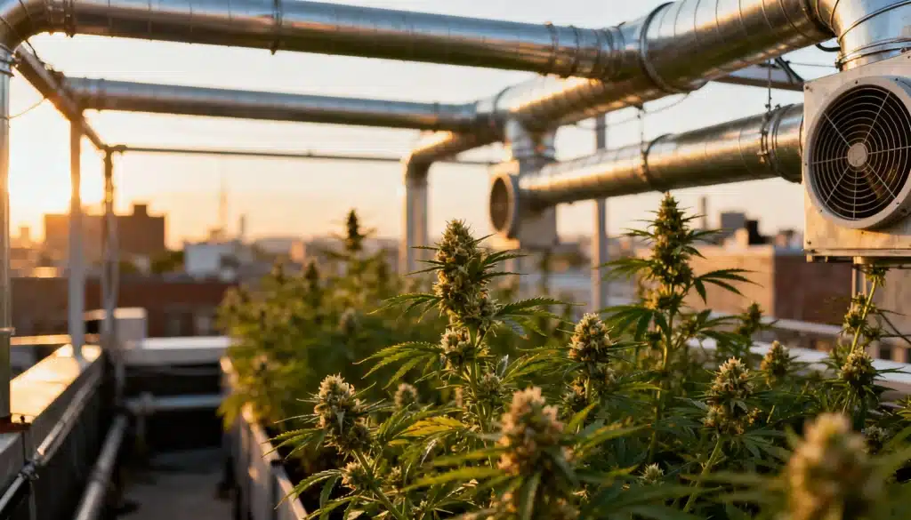 Rooftop-cannabis-garden-urban-cultivation-sunset with flowering plants and city skyline.