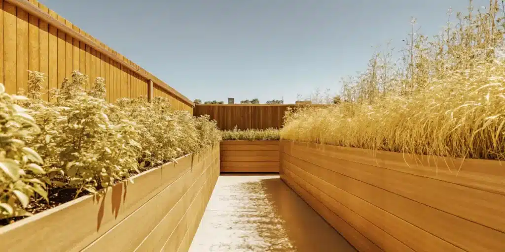 Rooftop garden with wooden raised beds filled with herbs and tall grasses under clear sunlight.