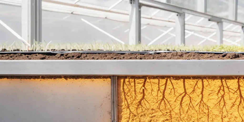 Transparent soil section showing detailed root system inside a greenhouse.