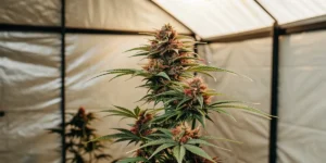 Runtz cannabis plant in indoor grow tent with red-tinted buds and green leaves.