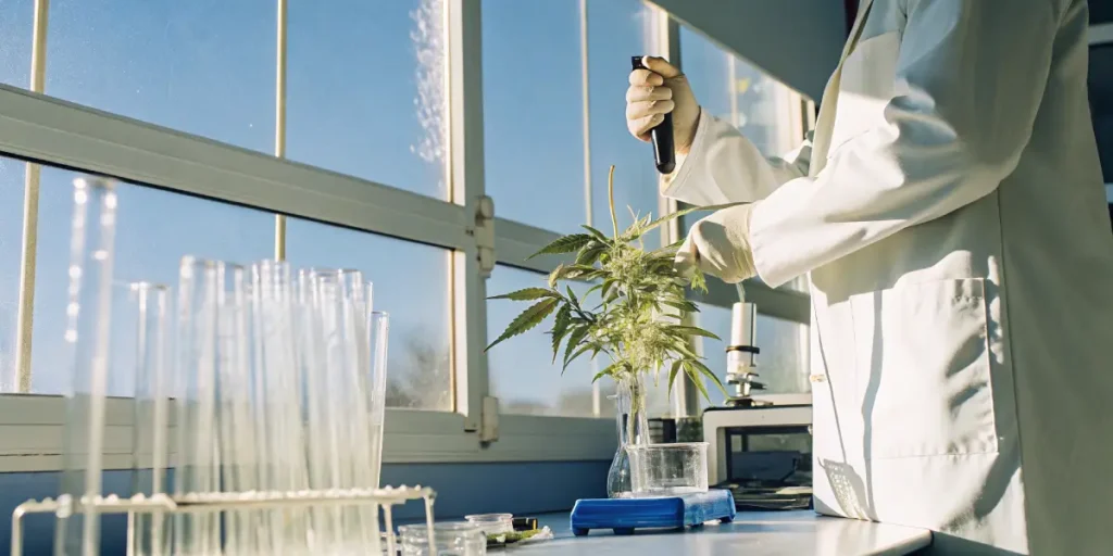 scientist analyzing cannabis plant with pipette in laboratory
