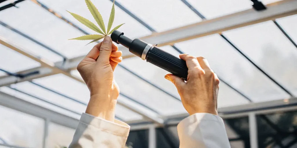 scientist examining a cannabis leaf with a handheld microscope under natural light