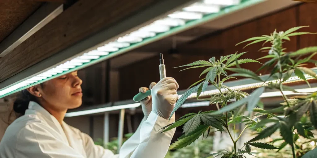 scientist injecting cannabis plant stem with syringe for research purposes