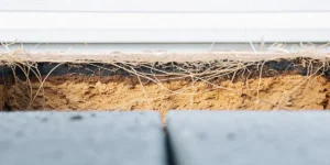 Cross-section of soil showing compacted layers and visible root structures.