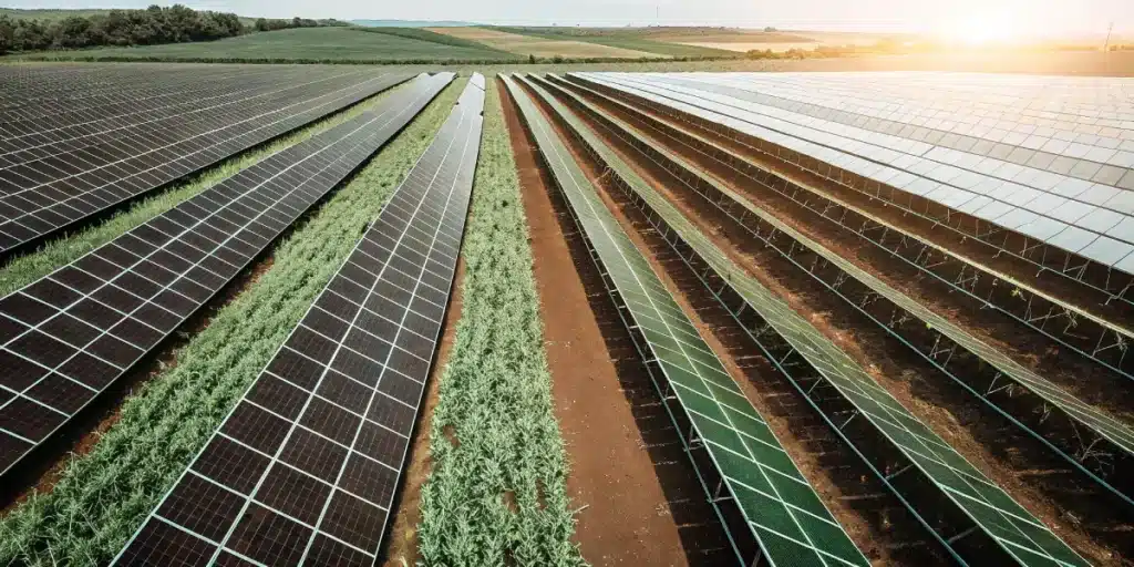 Expansive solar panel farm with crop rows growing between photovoltaic installations at sunset.