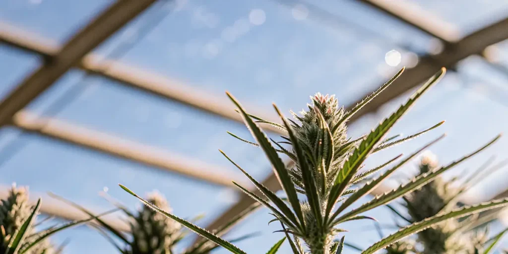Sticky resin autoflower growing in greenhouse under bright sunlight.