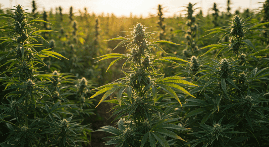 Sunlit-cannabis-field-flowering-plants-closeup with glowing buds at sunset.