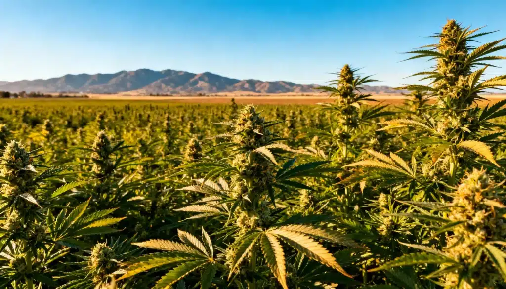 Sunlit-cannabis-field-flowering-plants-golden-hour with glowing buds in warm light.