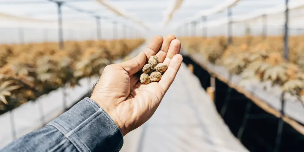 Hand holding XXL yield autoflower cannabis buds inside cultivation area.