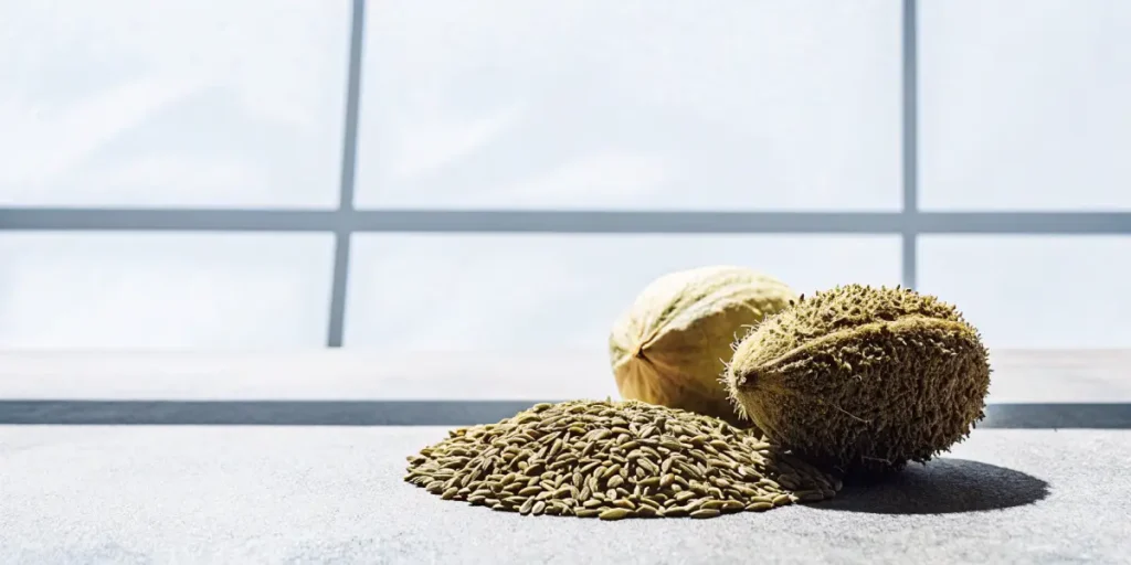 XXL yield autoflower cannabis seeds and dry pods on a table.