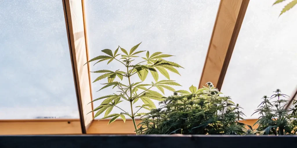 Young cannabis plants growing under bright greenhouse light.