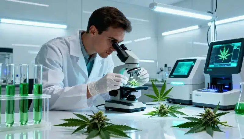 Amnesia Fast Version cannabis sample analyzed under a microscope to ensure genetic purity, potency, and fast-flowering stability in hybrid genetics.