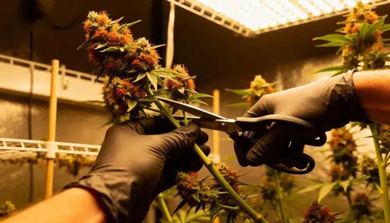 Grower trimming Amnesia Kush Auto buds under LED lights, highlighting its dense structure, orange pistils, and intense citrus aroma during harvest.