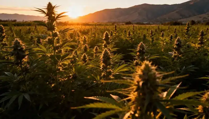 Amnesia Kush Regular plants flourishing outdoors at sunset, displaying tall colas and green tones ideal for large-scale field cultivation.