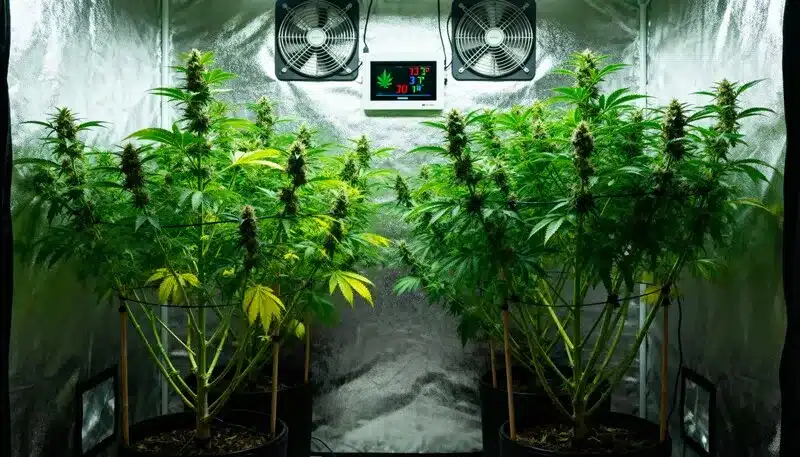 Amnesia Lemon Regular flowering indoors with dense colas and healthy foliage, optimized under stable temperature and humidity conditions for high yields.