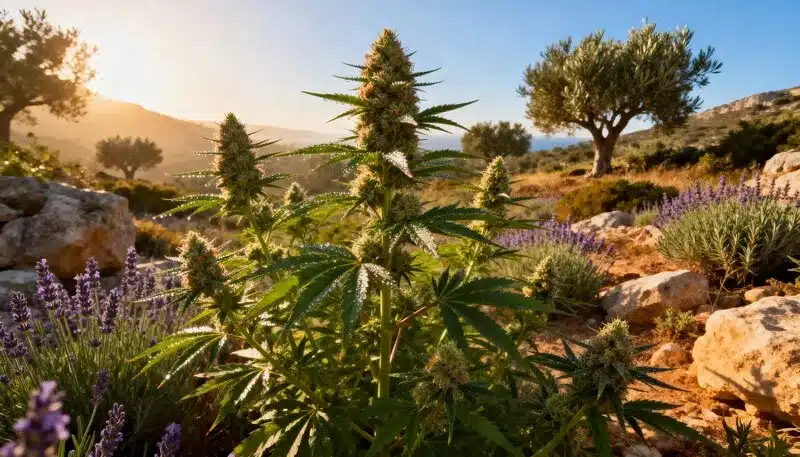 Amnesia cannabis plant thriving outdoors under Mediterranean sunlight, showcasing tall structure, resinous buds, and strong sativa dominance.