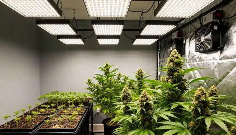 Auto CBD Med Go growing indoors in a controlled environment, combining strong CBD genetics and efficient LED cultivation for a healthy, relaxing harvest.