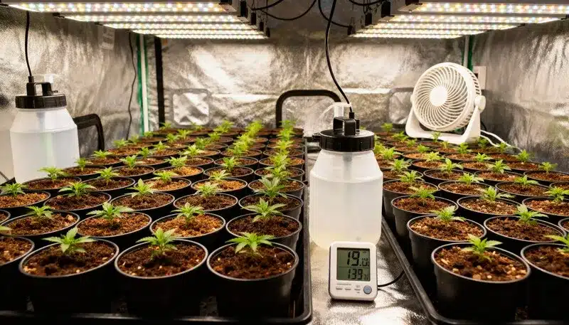 Auto CBD Pineapple seedlings growing under LED lights in a controlled indoor setup, optimized for CBD production and tropical pineapple aroma.