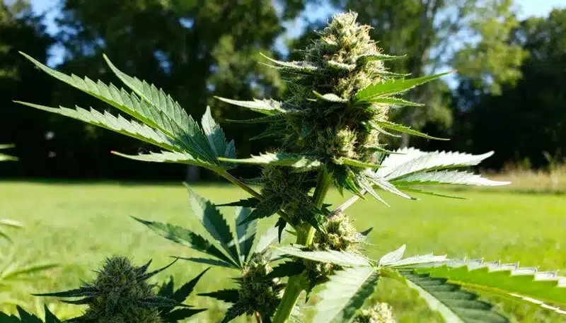 Badazz Cheese thriving outdoors, showing vigorous growth and thick buds rich in trichomes, delivering a strong aroma and potent, balanced effects.