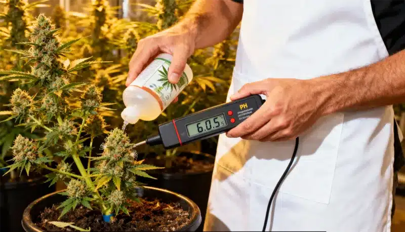 Grower measuring pH while caring for Banana Kush Auto plants, ensuring ideal soil balance for maximum nutrient uptake and dense resin production.