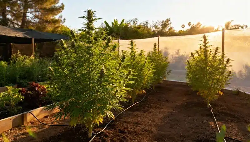 Banana Kush Regular plants flourishing outdoors in natural sunlight, showing vigorous growth and large, resin-covered buds ideal for warm climates.