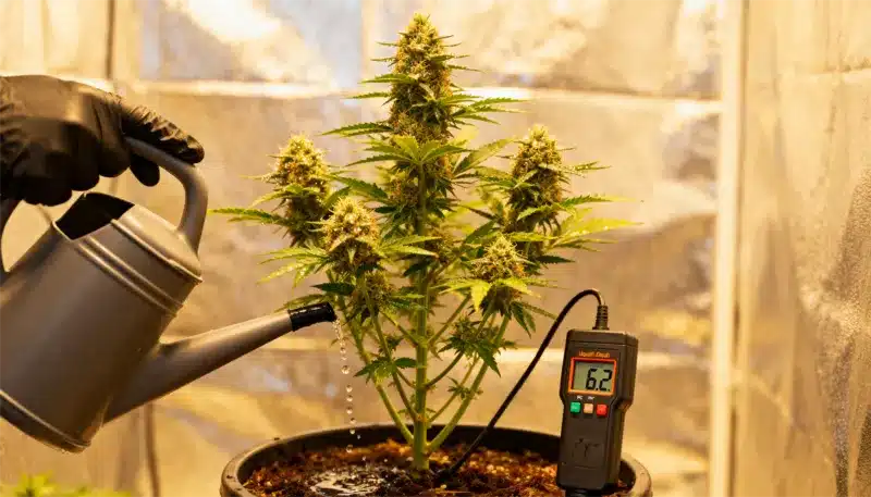 Grower adjusting pH levels while watering Banana Kush Regular, ensuring perfect nutrient balance for maximum yield and potent, aromatic harvests.