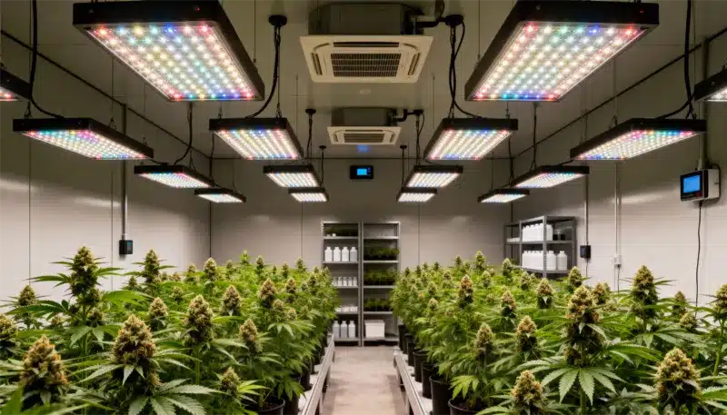 Banana Split flourishing indoors under full-spectrum LED lights, showing strong hybrid structure, dense buds, and a sweet tropical banana aroma.