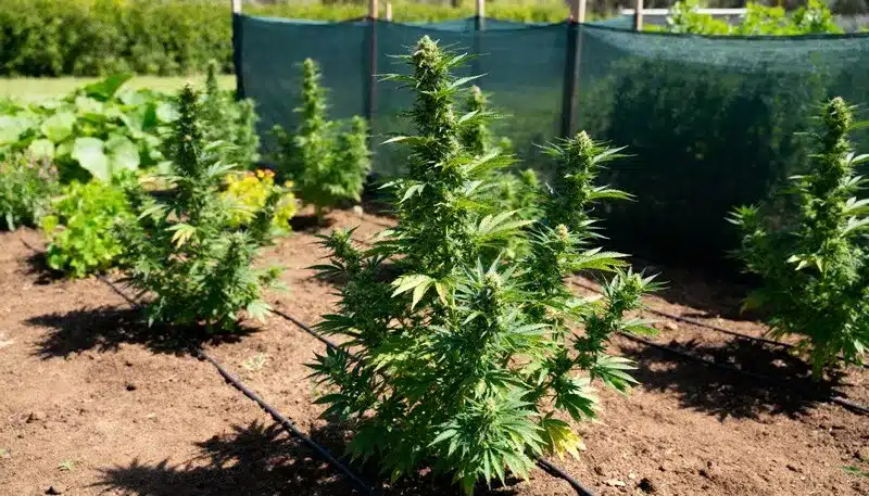 Berry Zkittlez plants growing outdoors under natural sunlight, producing dense aromatic buds with fruity flavors and relaxing indica effects.