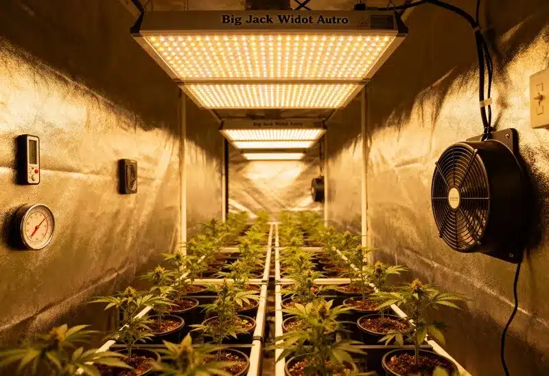 Big Jack Widow Auto thriving indoors under full-spectrum LED lights, showing autoflower growth and early resin production in optimal conditions.