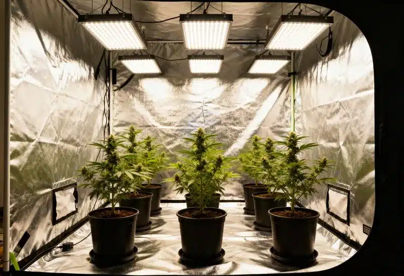 Big Jack Widow Auto plants growing indoors under high-efficiency LED lights, showing uniform autoflowering development and healthy green foliage.