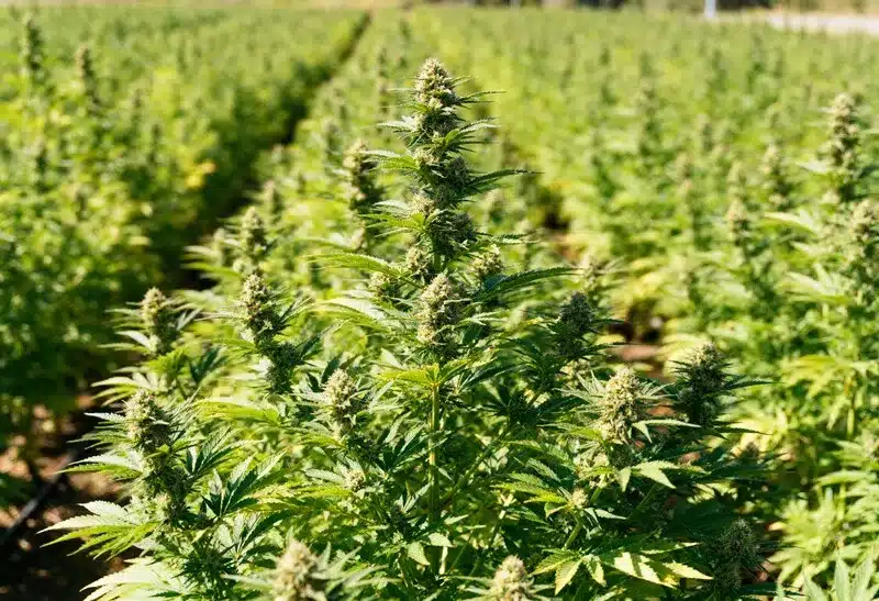 Field of Big Jack Widow Auto plants flourishing under natural sunlight, producing dense buds and resin-rich colas ideal for outdoor growers.