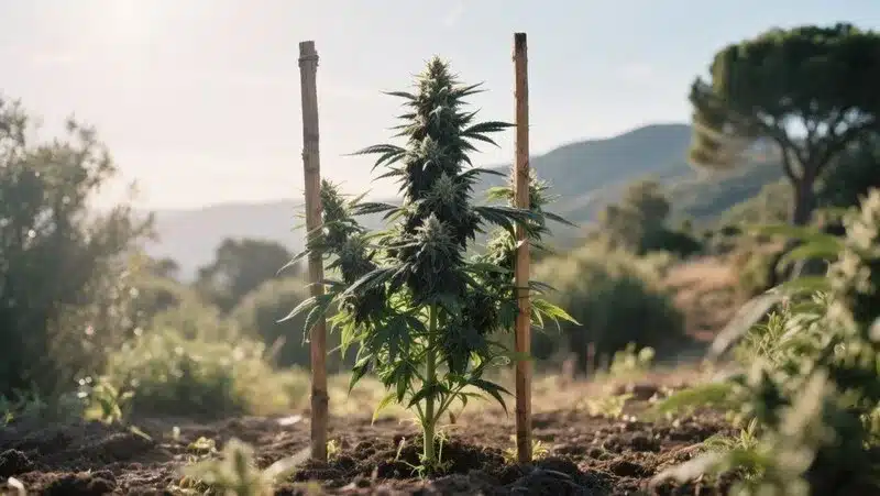 Black Demon OG plant thriving outdoors with support stakes, showing strong structure and dense buds under the warm Mediterranean sun.
