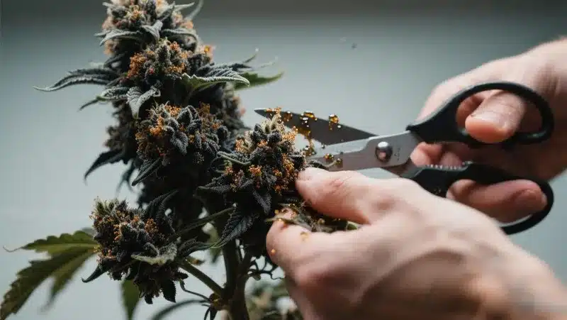 Grower trimming mature Black Domina Fast Version buds, showcasing resin-covered flowers with deep purple hues and earthy, spicy aromas.