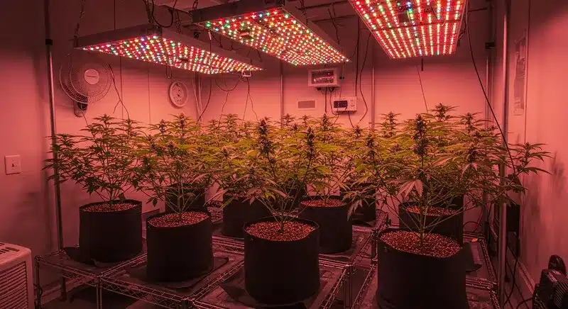 Black Domina Fast Version growing indoors under red-spectrum LED lights, developing compact buds and resin production for fast harvests.