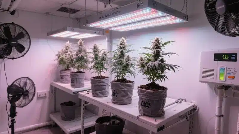 Black Domina Regular plants growing indoors in fabric pots under full-spectrum LED lighting, promoting dense bud formation and consistent growth.