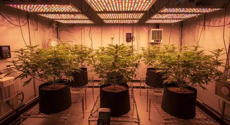 Black Domina x Banana Kush developing indoors under red-spectrum LED lights, producing plants with high resin content.