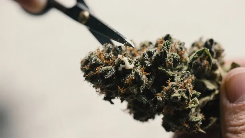 Black Hulk cannabis flower being carefully trimmed, showcasing its compact buds covered in sticky trichomes and deep orange pistils for premium quality.